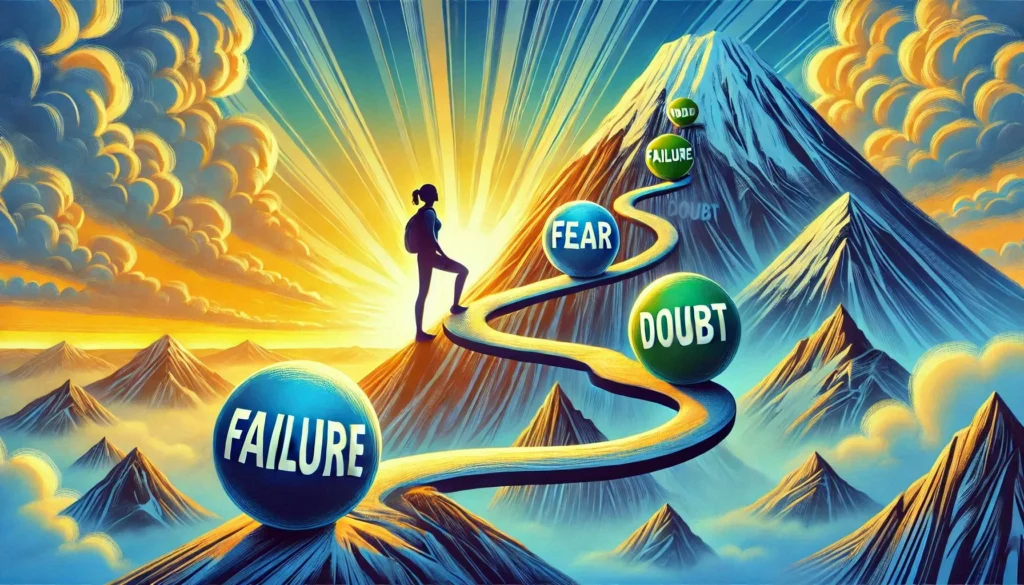 A motivational illustration of a person climbing a mountain under a bright sunrise, leaving behind symbolic weights labeled 'failure,' 'fear,' and 'doubt,' while moving toward growth and success.